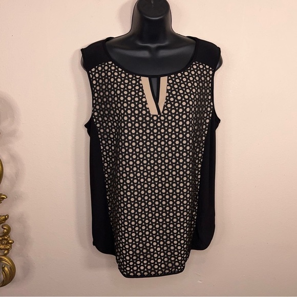 Petite Large Dressbarn Black Ivory Mesh Lace Front Sleeveless Top Keyhole Neck - Picture 10 of 13